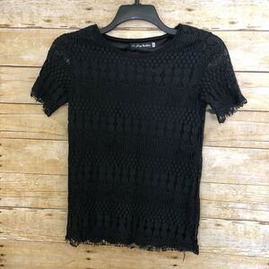 Black Short Sleeve Dotted Lace Overlay Blouse - Size Small - Lin Ying Fashion